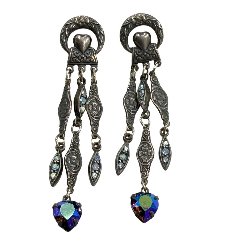 Vtg 90s Banana Bob Gothic Heart Chandelier Rhinestone Pierced Statement Earrings